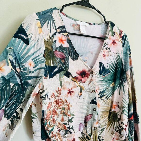 H&M Tie-Hem Blouse in Natural White/Patterned Floral Bird Print SZ 2 - Picture 3 of 7